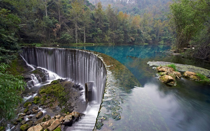 克羅地亞十六湖國家公園，森林，石頭，樹木，瀑布 桌布 圖片