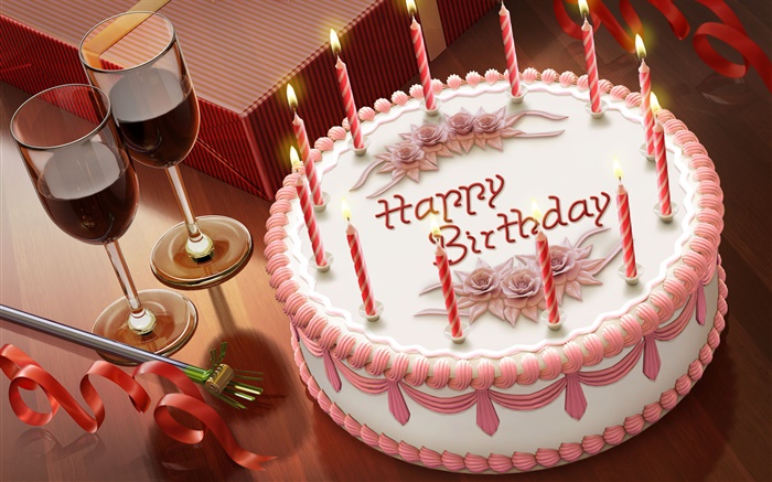 生日快樂，蛋糕，蠟燭，酒，禮品 桌布 圖片