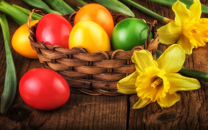 復活節快樂，豐富多彩的蛋，裝飾，黃色的水仙花 桌布 圖片