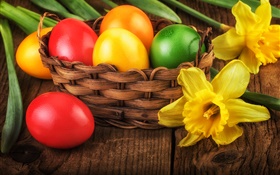 復活節快樂，豐富多彩的蛋，裝飾，黃色的水仙花 高清桌布