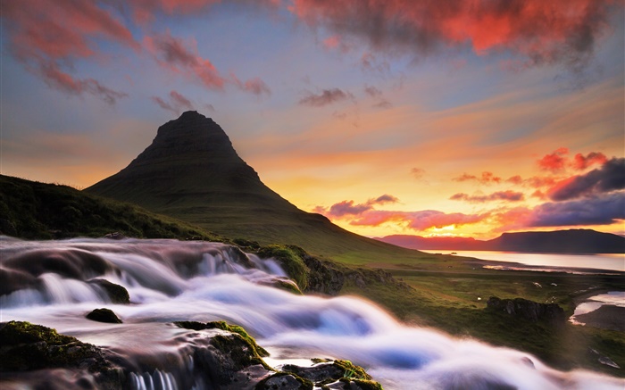 冰島，Kirkjufell，山，瀑布，早上，日出 桌布 圖片