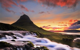 冰島，Kirkjufell，山，瀑布，早上，日出 高清桌布
