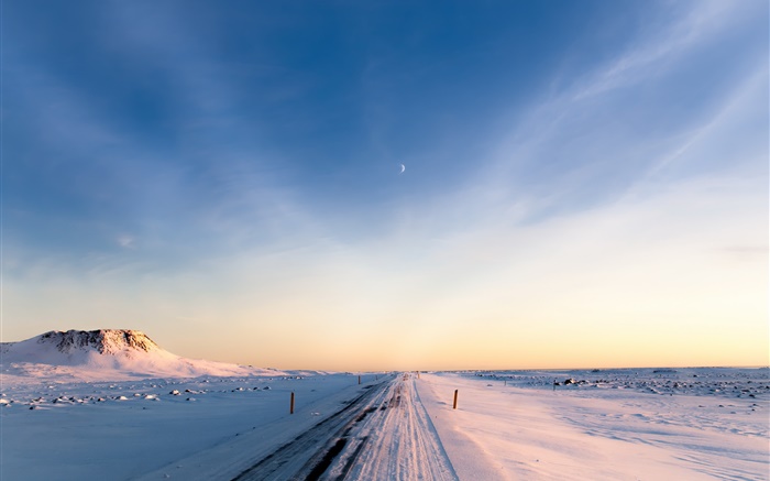 冰島，冬季，雪，道路，早晨，天空 桌布 圖片