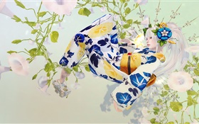 日本女孩，白頭髮，和服，幻想 高清桌布