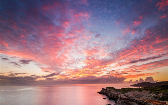 海洋，海岸，岩石，日落，紅色的天空，美麗的風景 桌布 圖片