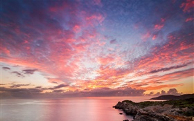 海洋，海岸，岩石，日落，紅色的天空，美麗的風景 高清桌布