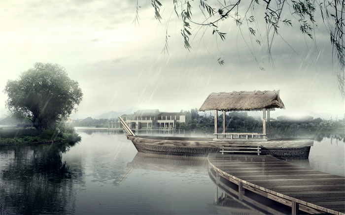 碼頭，船，河流，樹木，未雨綢繆，3D設計 桌布 圖片