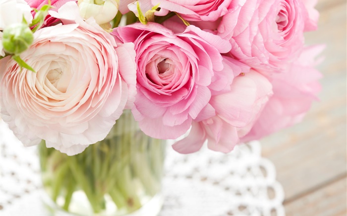 粉紅毛茛，花束，花 桌布 圖片