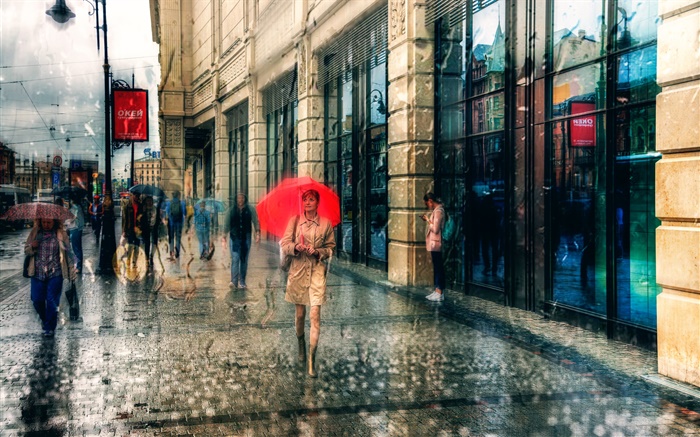 聖彼得堡，女孩，傘，雨，街，人民 桌布 圖片