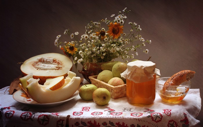 靜物，食品，花卉，蘋果，蜂蜜，哈密瓜 桌布 圖片