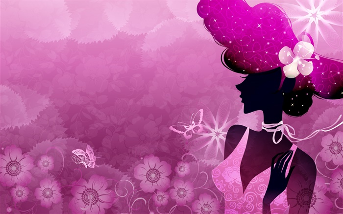 夏天，紫色背景，矢量女孩，太陽，花朵，蝴蝶 桌布 圖片