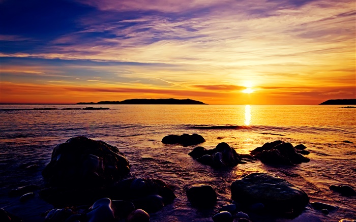 夕陽海岸，石頭，海，美麗 桌布 圖片