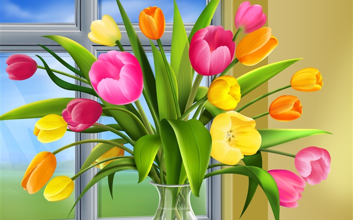 鬱金香，花，顏色，花瓶，藝術圖片 桌布 圖片