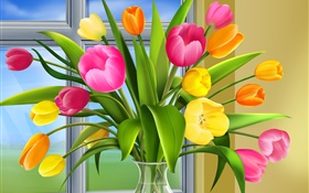 鬱金香，花，顏色，花瓶，藝術圖片 高清桌布