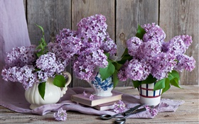 花瓶，丁香，紫色的花，書，剪刀