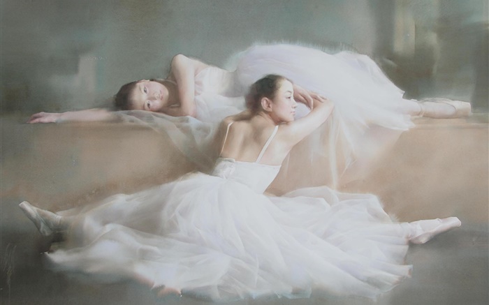 水彩畫，芭蕾，舞者的女孩，白色禮服 桌布 圖片