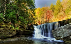 瀑布，岩石，石頭，樹木，秋天 高清桌布
