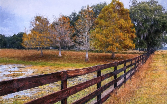 秋天的油畫，樹木，柵欄 桌布 圖片