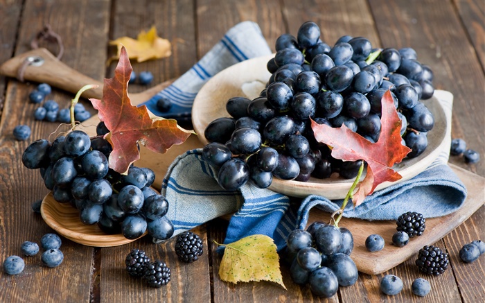 黑葡萄，黑莓，葉子，靜物 桌布 圖片