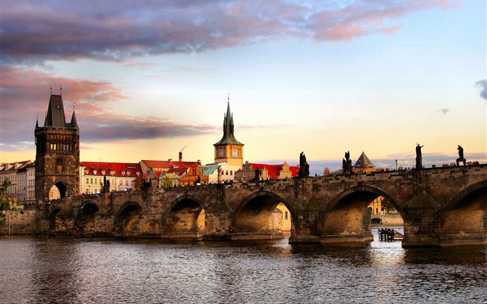 捷克共和國，布拉格，城市，橋樑，河流，房屋 桌布 圖片