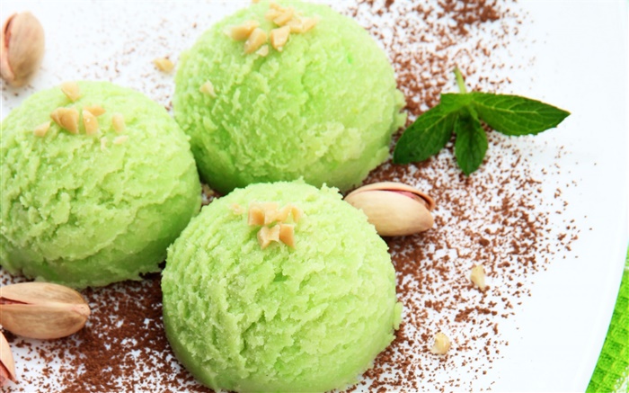 綠色冰淇淋，堅果，甜食 桌布 圖片