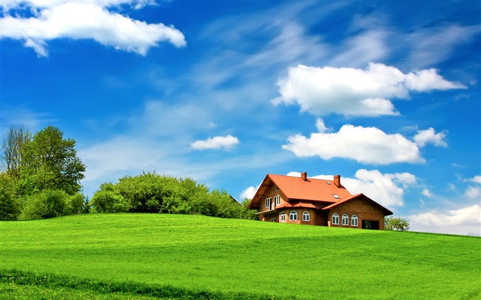 綠草如茵，樹木，房子，雲，藍天 桌布 圖片