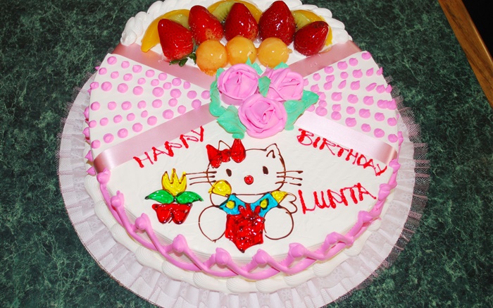 快樂生日蛋糕，玫瑰，小貓 桌布 圖片