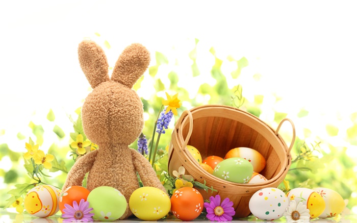 復活節快樂，豐富多彩的蛋，裝飾，鬱金香，兔子玩具 桌布 圖片