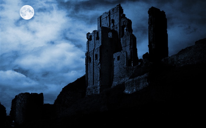 夜，月亮，廢墟，堡壘，雲 桌布 圖片