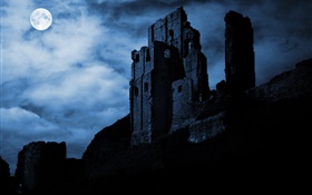 夜，月亮，廢墟，堡壘，雲