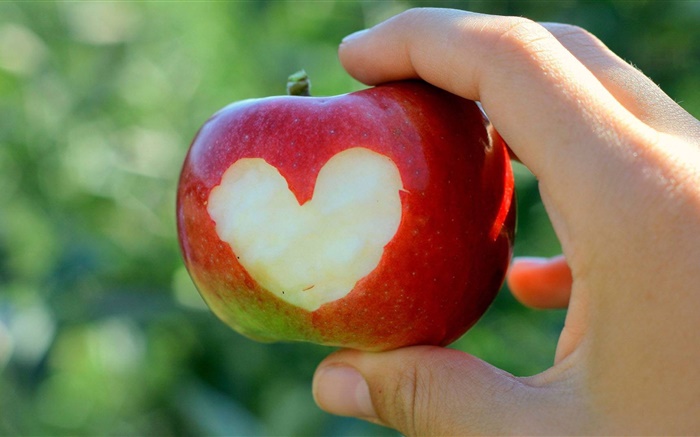 紅蘋果，愛的心，手 桌布 圖片