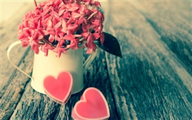 紅色的花朵，花束，糖果，愛的心，情人節 高清桌布