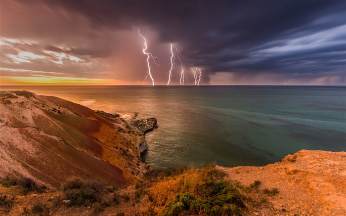 南澳大利亞州，風暴，雲，閃電，海，海岸 桌布 圖片