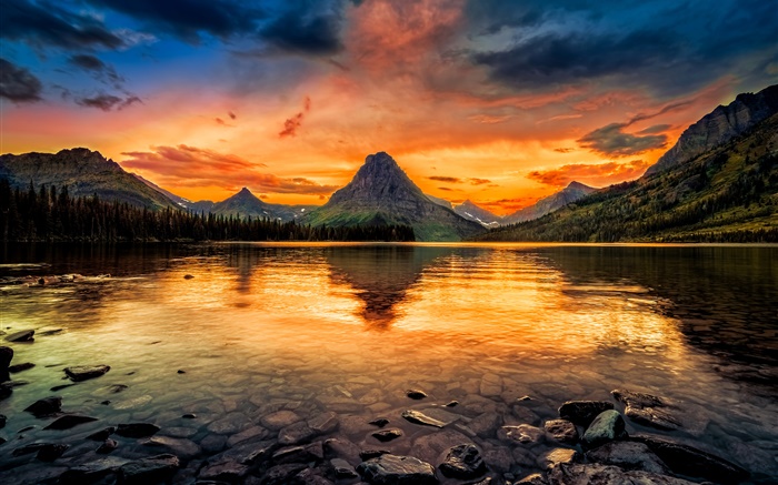 兩藥湖，冰川國家公園，美國，山，日落，紅色的天空 桌布 圖片