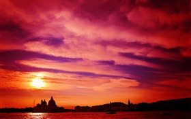 意大利威尼斯，河，日落，紅色的天空 高清桌布