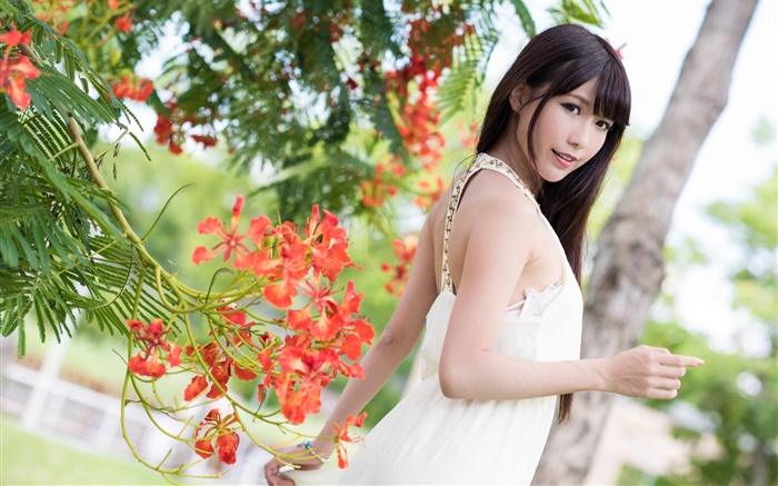 白色禮服的亞洲女孩，鮮花，夏天 桌布 圖片