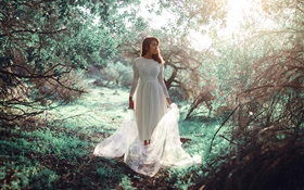 白色連衣裙的女孩在森林，陽光，眩光 高清桌布