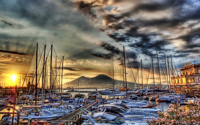 遊艇，船，碼頭，雲，日落，意大利，那不勒斯 桌布 圖片