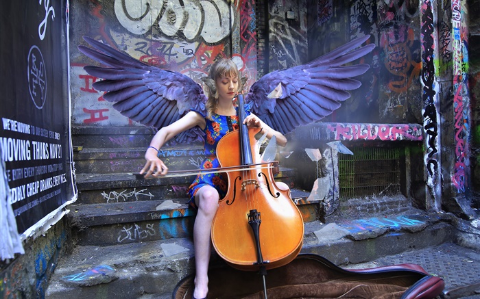 天使女孩玩大提琴，翅膀 桌布 圖片