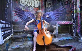 天使女孩玩大提琴，翅膀 高清桌布