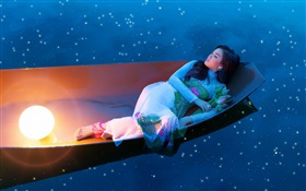 在船上亞洲女孩晚上睡覺