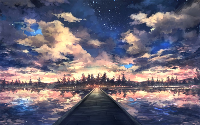 橋樑，河流，樹木，天空，雲，日落，繪畫藝術 桌布 圖片