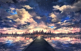 橋樑，河流，樹木，天空，雲，日落，繪畫藝術 高清桌布