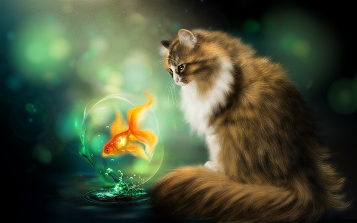 貓與金魚，繪畫藝術 桌布 圖片