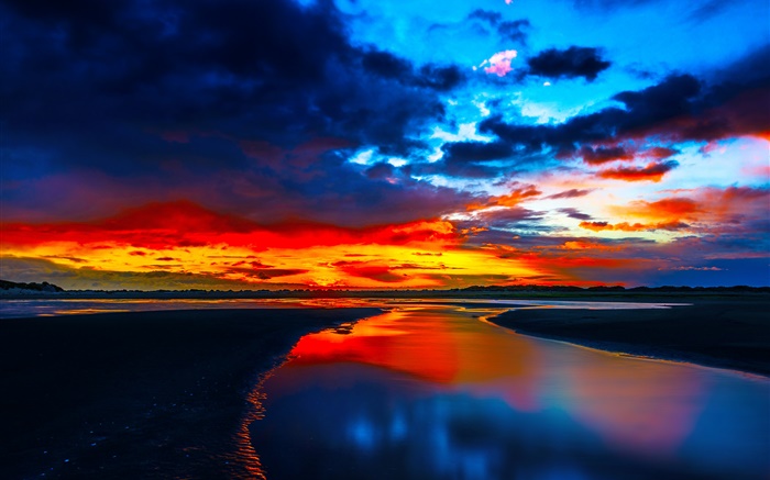 海岸日落，海，發光，雲，黃昏 桌布 圖片