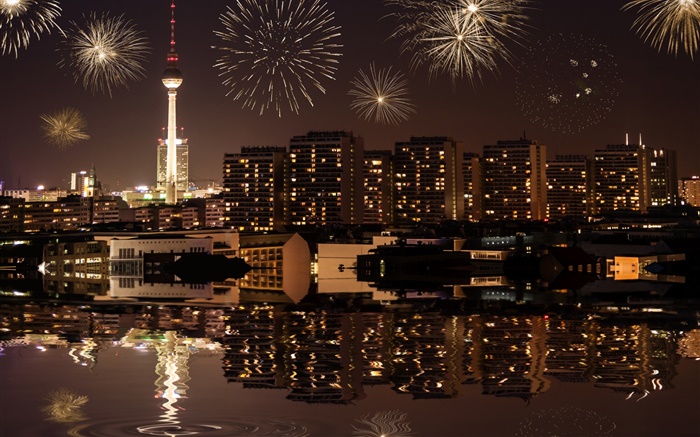 城市景觀，夜，建築物，燈，河，柏林，德國 桌布 圖片