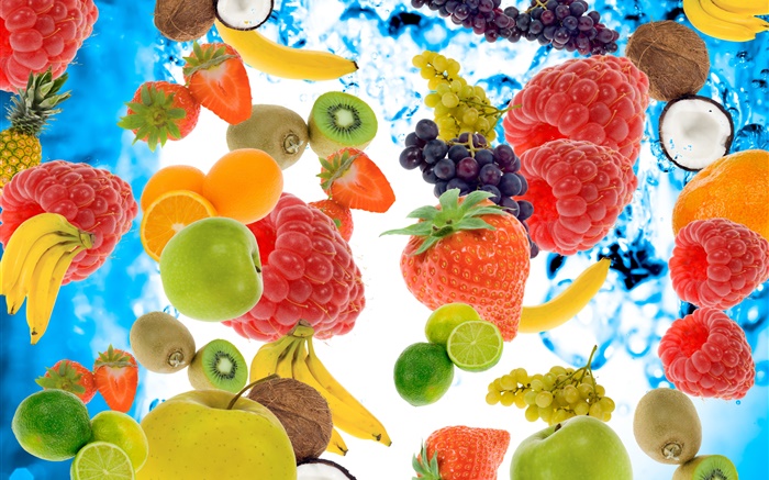 許多種水果，覆盆子，香蕉，獼猴桃，草莓，檸檬，蘋果 桌布 圖片