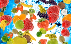 許多種水果，覆盆子，香蕉，獼猴桃，草莓，檸檬，蘋果 高清桌布