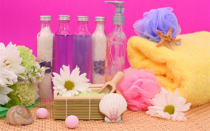 SPA，鮮花，鹽，毛巾，瓶 桌布 圖片