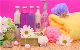 SPA，鮮花，鹽，毛巾，瓶 高清桌布